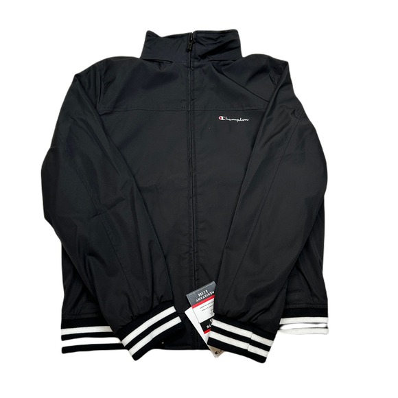 Champion Bomber Jacket Mens Small‎ Black Full Zip Windbreaker Striped Cuffs NEW - Picture 1 of 11